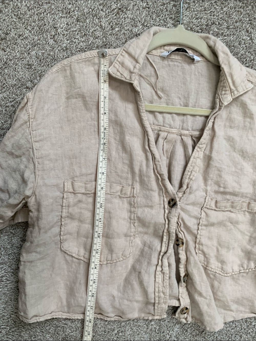Zara Beige Cropped Linen Short Sleeve Button-Front Top - Picture 6 of 7